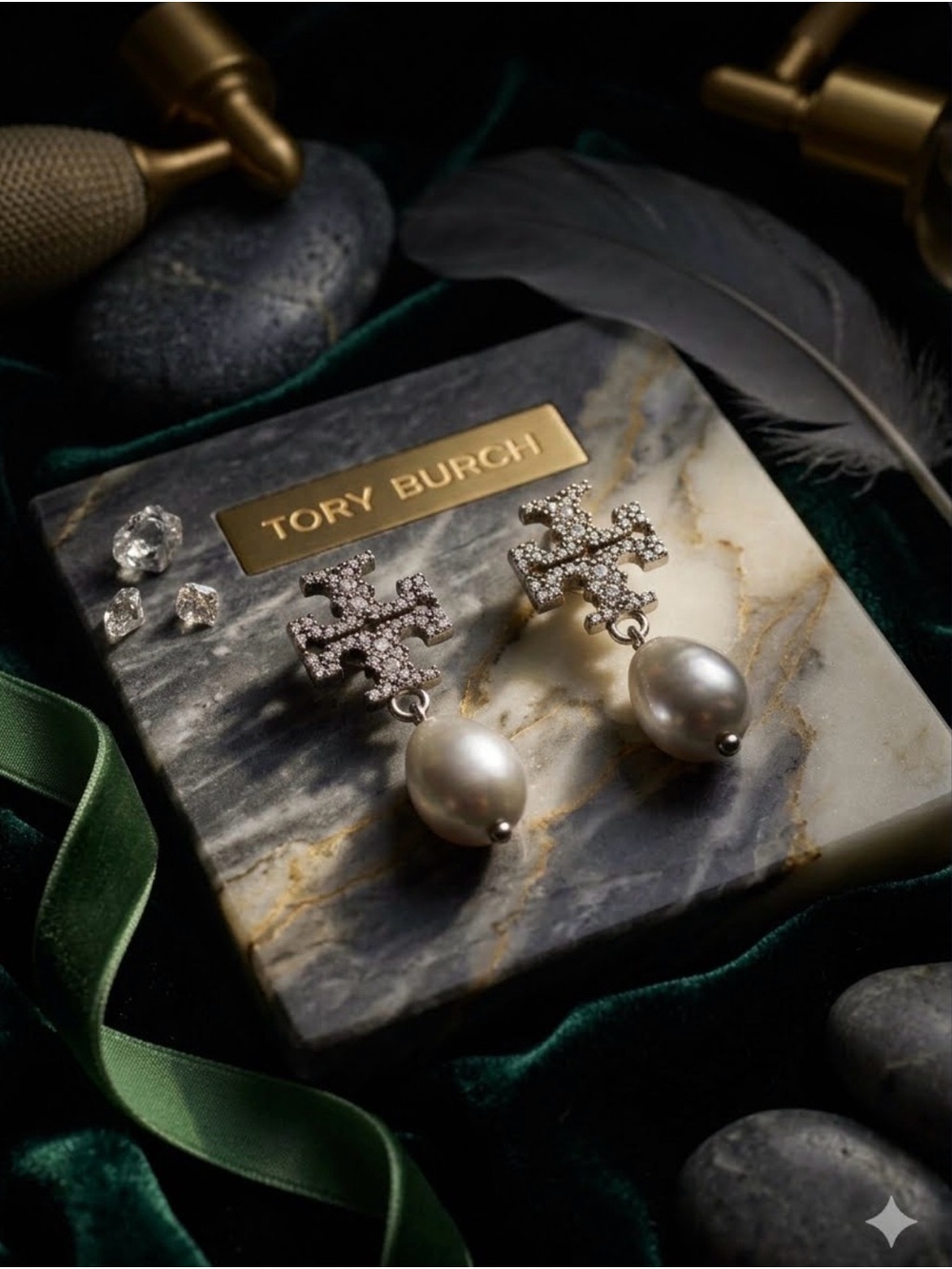 Tory Burch Silver Crystal Logo Drop with White Pearl